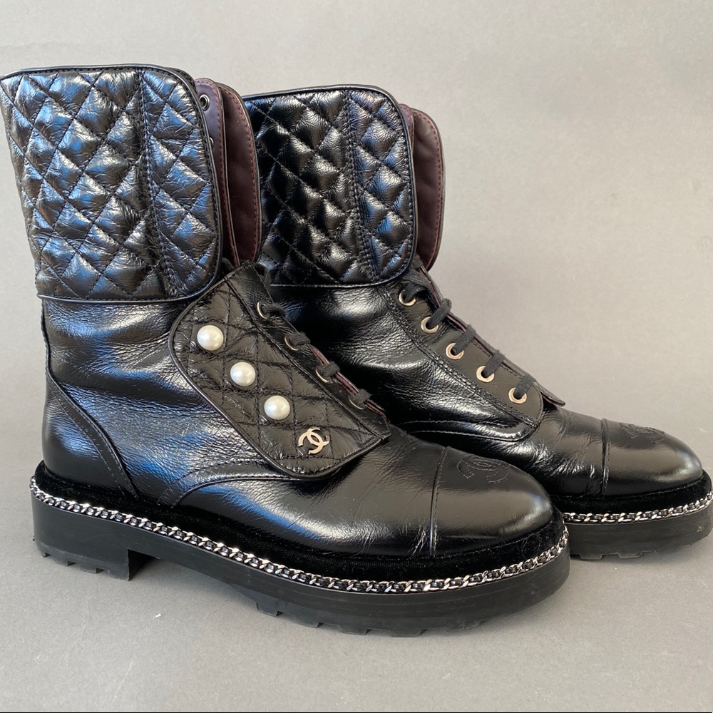 AUTH Chanel Lace up Pearl Boots in Black 37.5